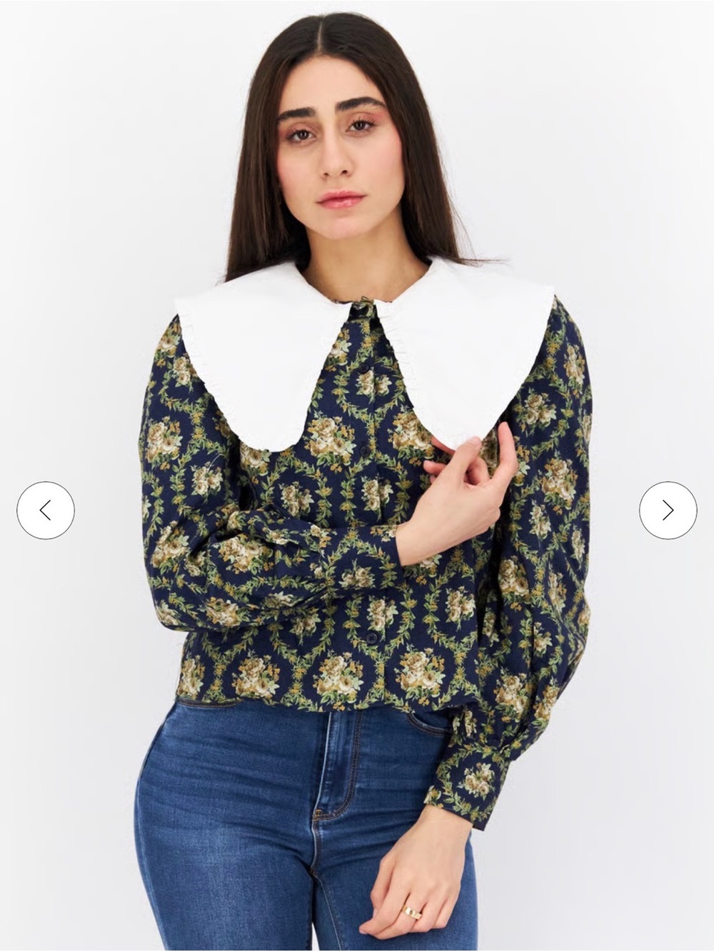 WeWoreWhat Peter Pan Collar Puffed Sleeve Floral Print Top, Navy Blue